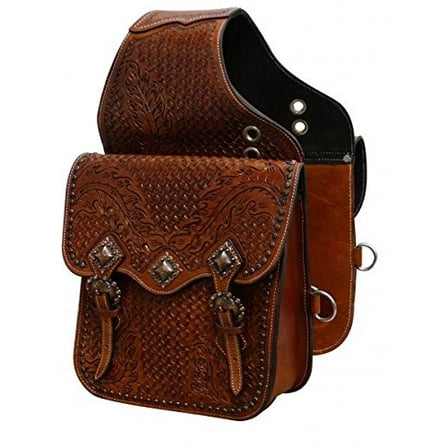 Showman Oak Leaf & Basket Weave Tooled Leather Saddle Bag w/ Antique Copper Hardware
