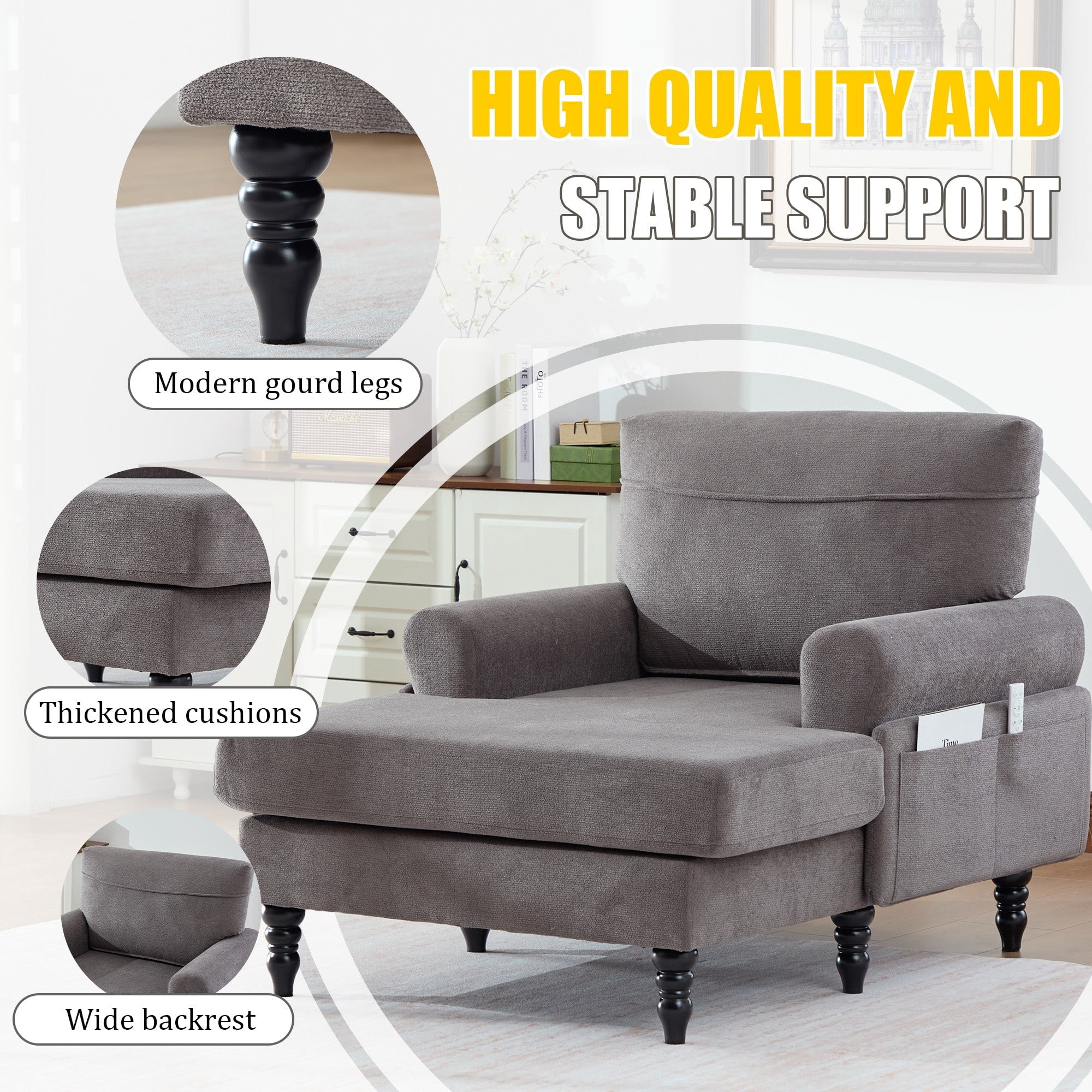 Sailvan Modern Chenille Chaise Lounge Indoor Recliner Chair Single Sofa with Storage Pocket & Solid Wood Legs Dark Gray