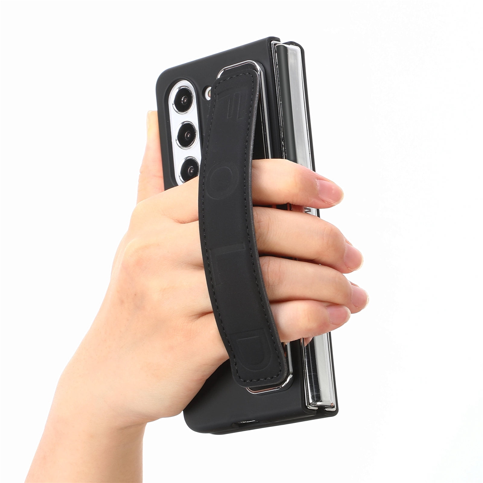 for Samsung Galaxy Z Fold 5 Case with Strap, [Non Slip Silicone Touch] Slim Protective Phone Case with Elastic Finger Wristband, Shockproof PC Cover for Samsung Galaxy Z Fold 5 2023 - Black