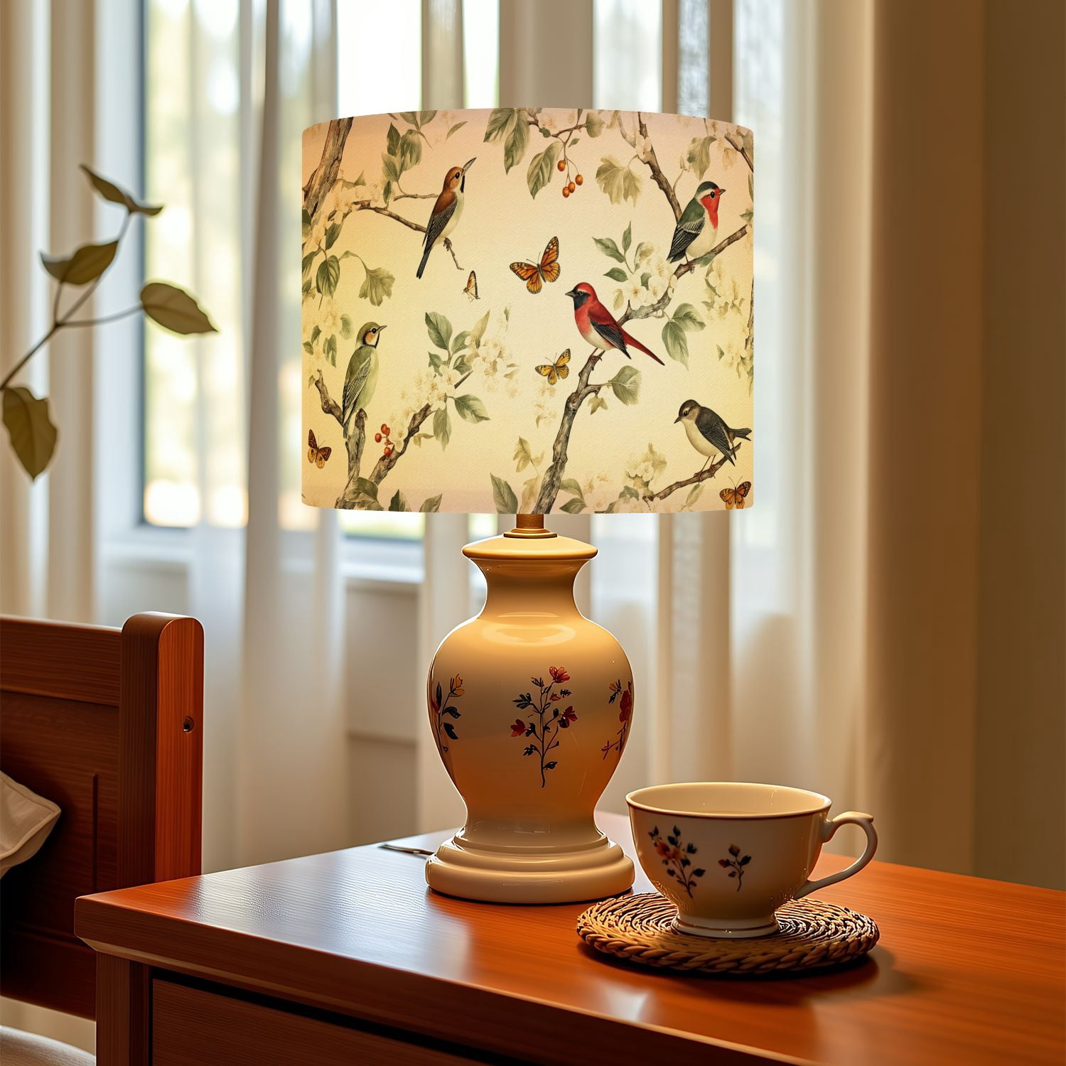 Linen Drum Lampshades Vintage Bird Floral Butterflies Leaf Birds Branches Leaves 13"x13"x10" Light Shade for Table Lamps Floor Lamps Drum Lamp Shades Lampshade Replacement Assembly Required