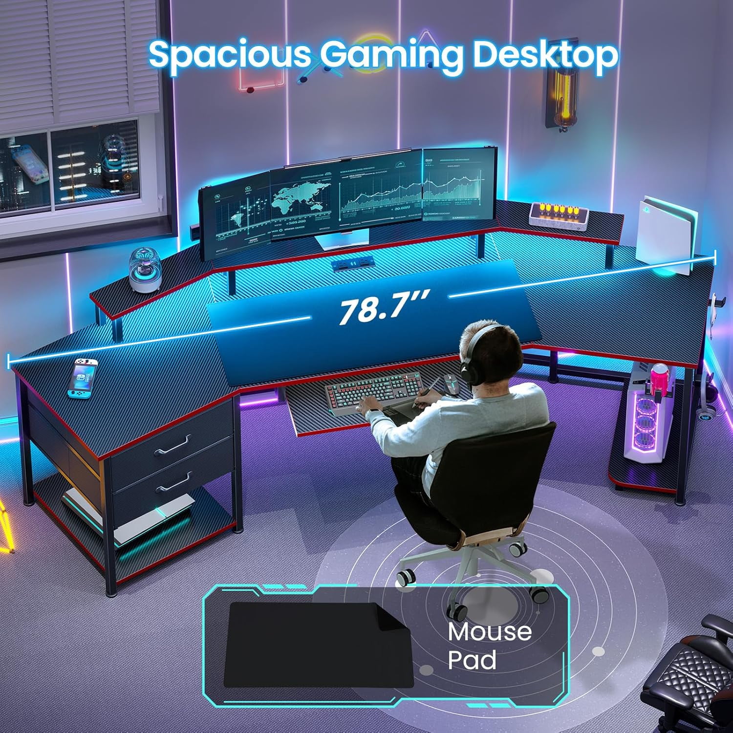 SEDETA 79" Gaming Desk with LED Lights and Power Outlets, U Shaped Desk with Monitor Stand and Drawers, Gaming Table with Keyboard Tray, Cup Holder and CPU Stand for Bedroom, Carbon Fiber Black & Red