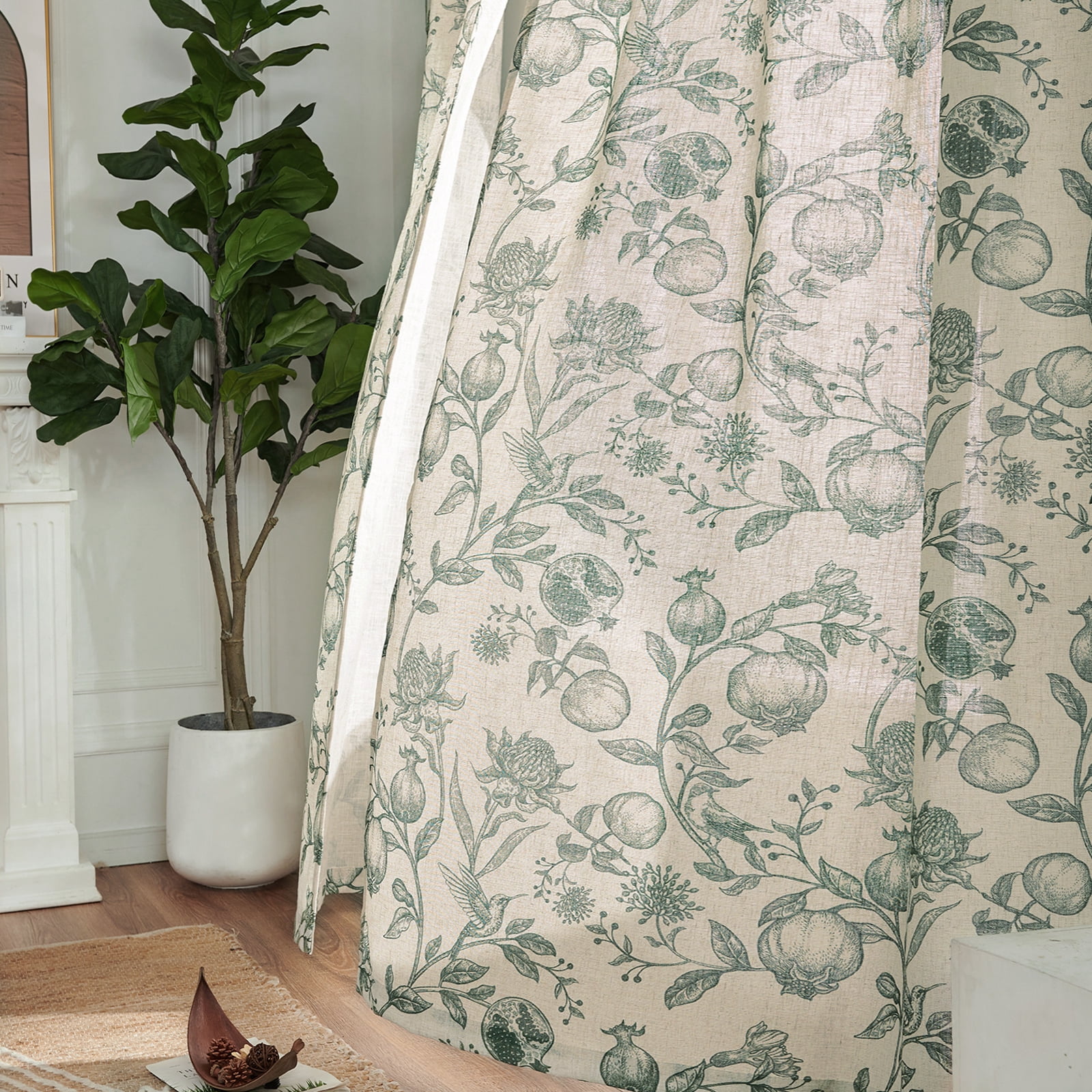 Curtainking Linen Floral Curtains 84 inch Length Curtains Back Tab Light Filtering Farmhouse Drapes for Living Room Bedroom 2 Panels Dark Green