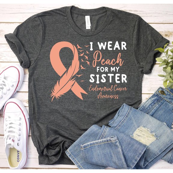 Endometrial Cancer Sister Awareness Ribbon and Feather Graphic T-Shirt, Unisex Classic Fit, 180 GSM