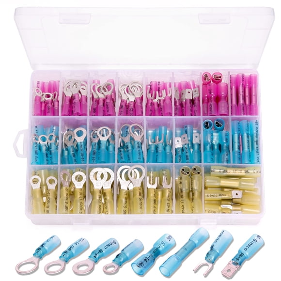 Heat Shrink Wire Connectors Kit, Electrical Waterproof Crimp Butt Terminals, Insulated Spade Connectors for Marine Automotive Trailer RV Boat Truck W