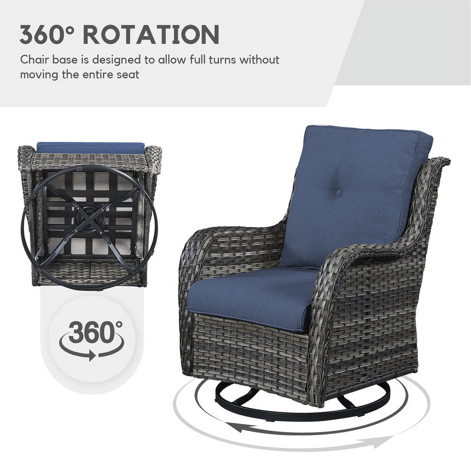 PARKWELL 5-Piece Outdoor Conversation Sets,Wicker Swivel Gliders with Ottomans,Side Table,Patio Seating Furniture with Blue Cushions,Gray Wicker