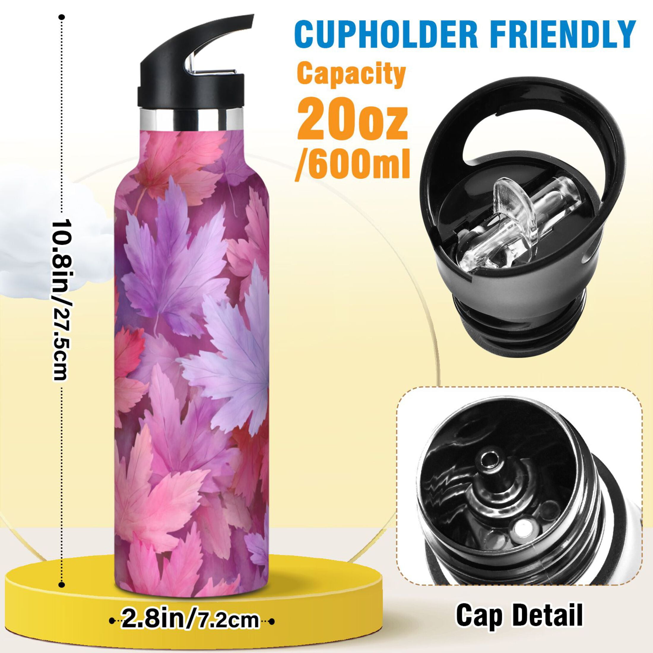600ML Stainless Steel Insulated Cup Sports Water Bottle Portable Thermos Cup Water Glasses Insulated Tumblers Convenient and Durable Beautiful Purple Maple Leaves