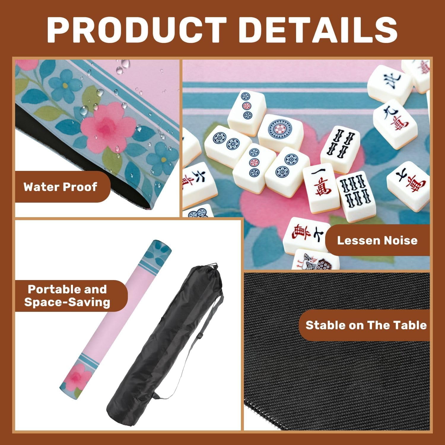 Mahjong Mat with Carrying Bag 31.5" x 31.5" Non-Slip Noise Reduction Floral Frame Pink Blue Flowers Soft Pink Table Mat for Mahjong Poker Dominoes Card Board Tile Games