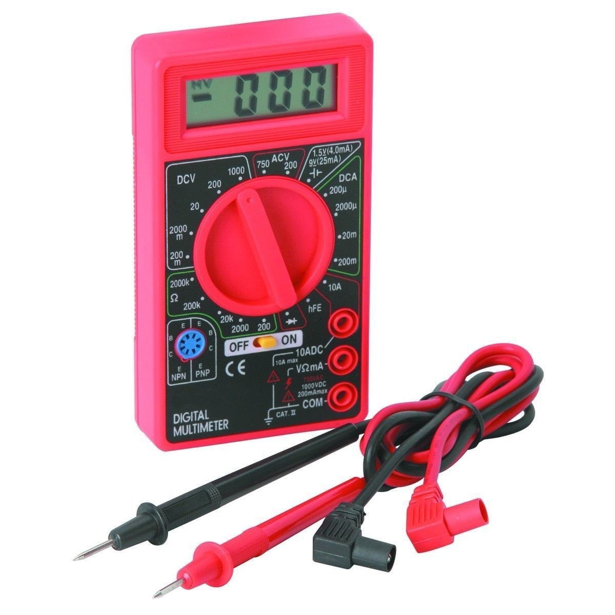 Digital Multimeter (DMM) with Test Leads Checks Voltage