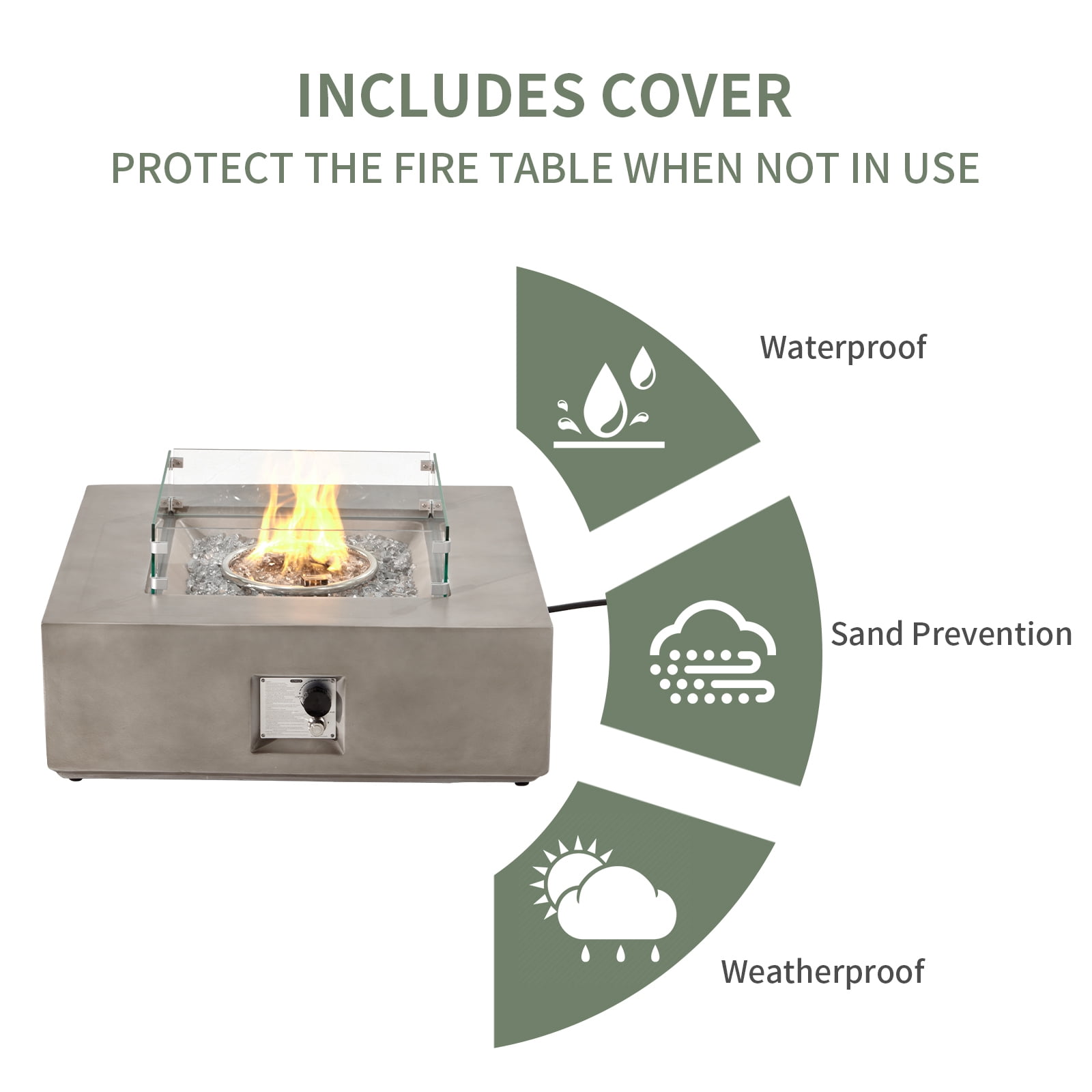 VENTOPYR Outdoor Propane Square Fire Pit Table, Gray Faux Stone 35-inch Planter Base, 50,000 BTU Stainless Steel Burner, Transparent Gray Fire Glass and Rain Cover, Metal Lid