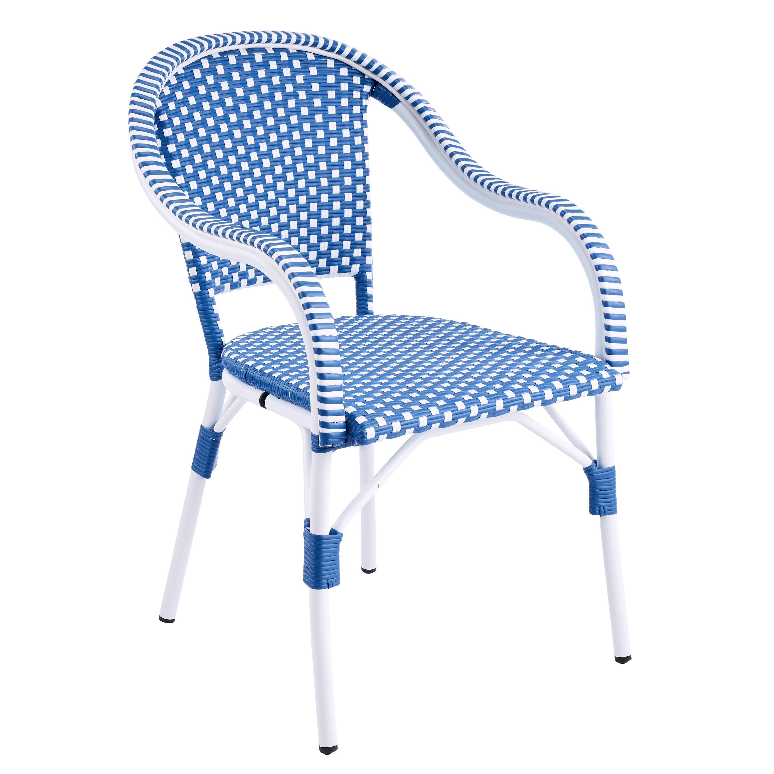 Bistro Chairs Set of 2, Outdoor Aluminum Frame Weather Resistant PP Rattan Chairs for Porch Garden, White and Blue