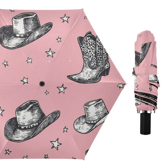 Cowboy Hats Boots Stars All Weather Umbrella Triple Folding Parasol 6 Ribs UV Protection Portable