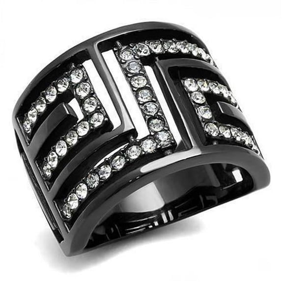 Alamode TK3134-5 IP Light Black IP Gun Stainless Steel Ring with Top Grade Crystal, Clear - Size 5
