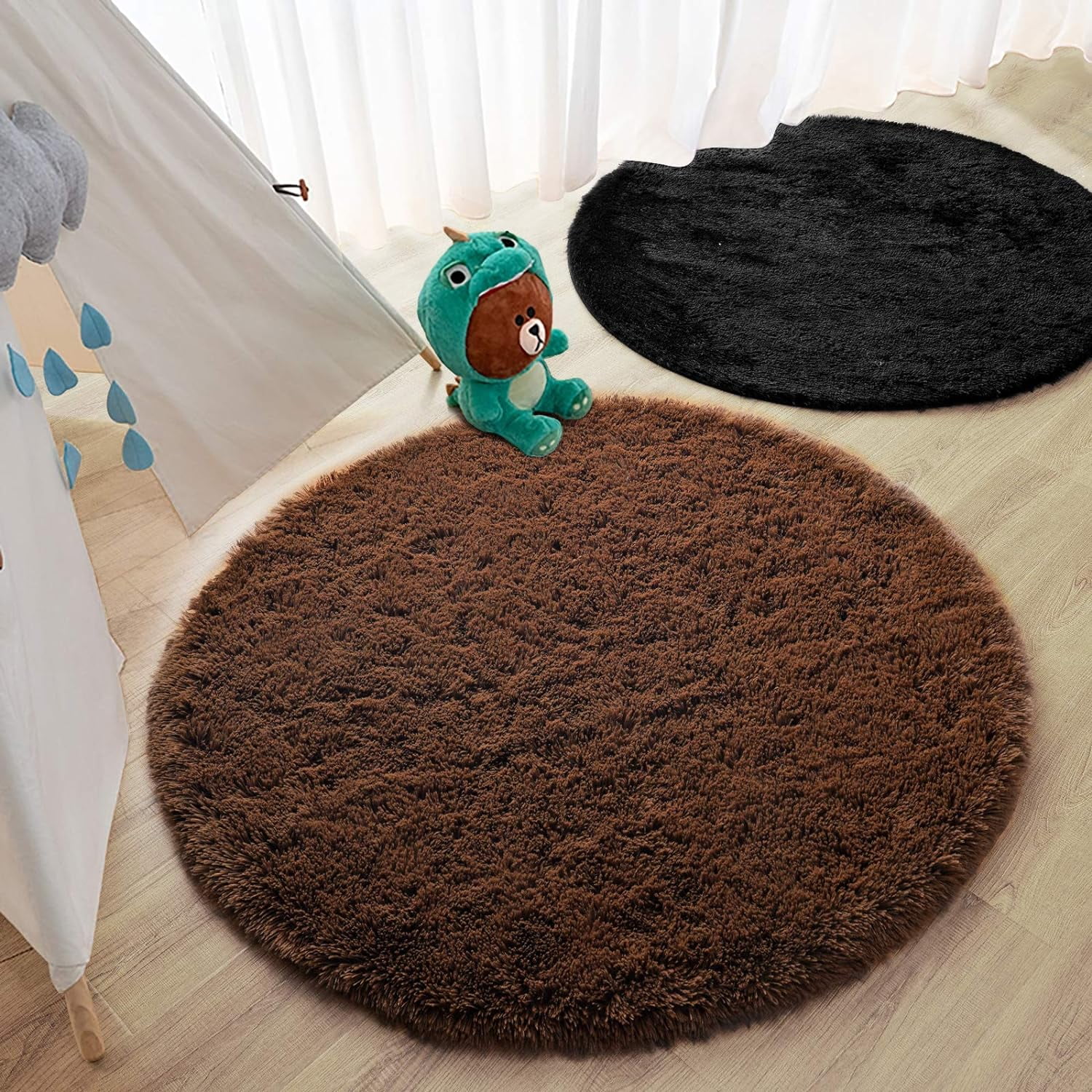 Junovo Round Fluffy Area Rugs For Kids Girls Princess Castle Plush Shaggy Carpet Cute Circle Nursery Rug For Kids Room Bedroom Living Room,4'x4',Coffee