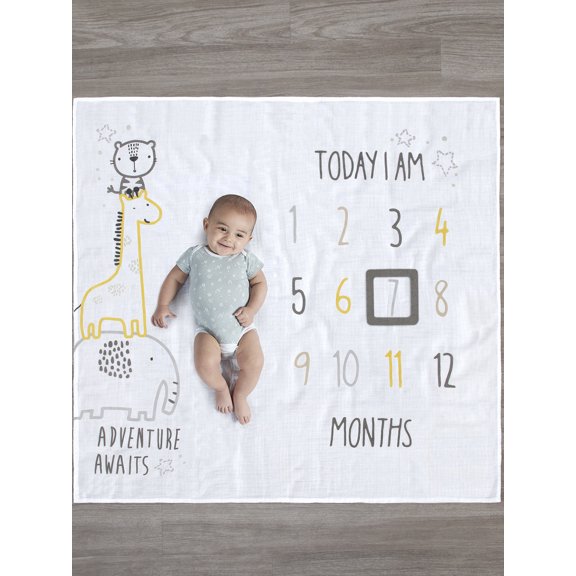 Gerber Baby Boys 100% Cotton Milestone Blanket Set, 2-Piece, White, Adventure Awaits