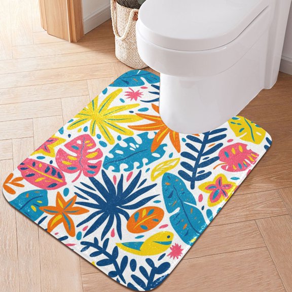 Toilet Rug U-Shaped Bathroom Rugs Non-Slip Soft Plush Machine Washable Contour Bath Mat Colorful Various Leaf 24x20