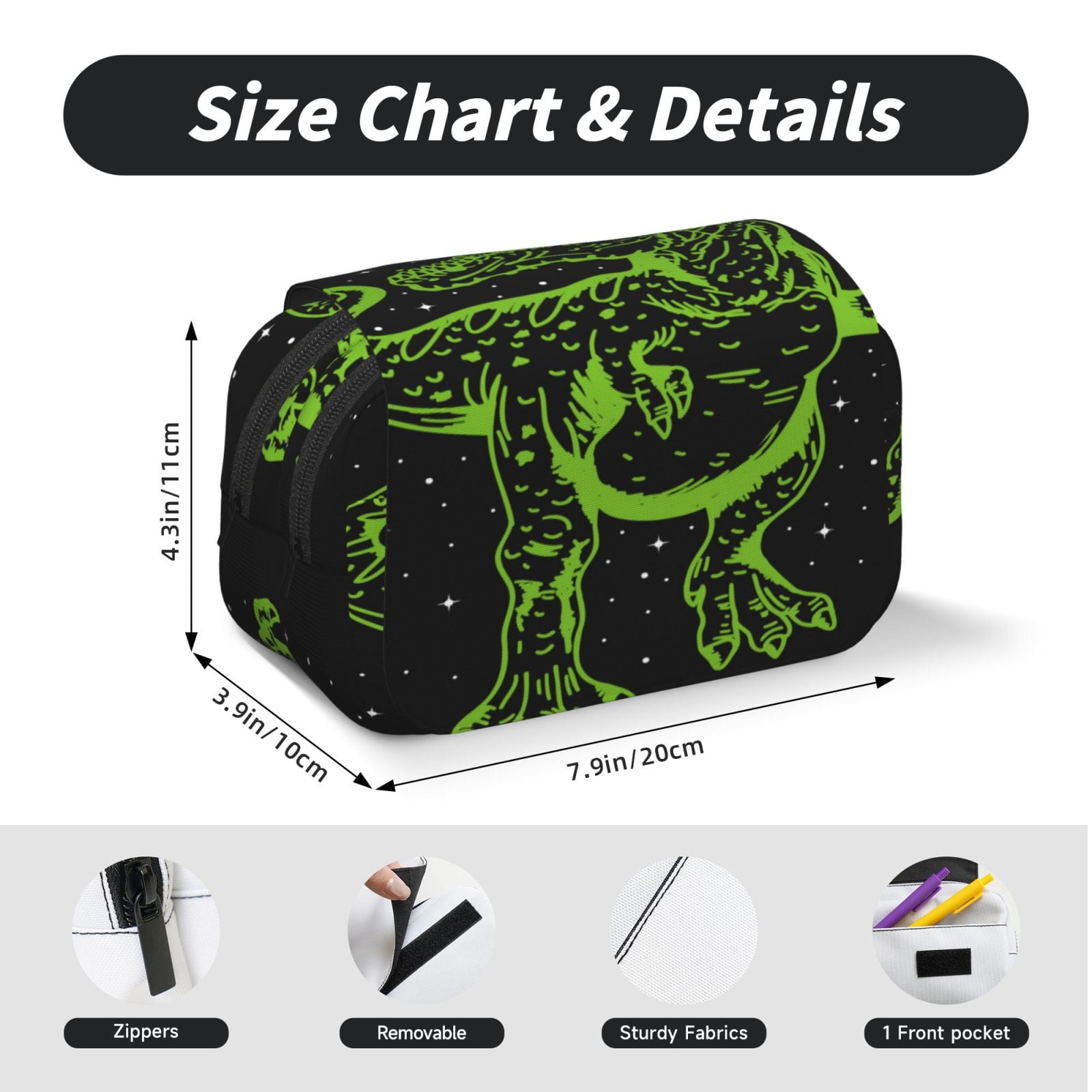 Rateoe DINOSAUR IN SPACE Pattern Double Clamshell Pen Case, Storage Organizer with Two Zipper Compartments– Holds Up to 50 Pencils & Pens