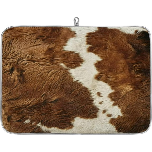 Dish Drying Mat Microfiber Coffee Bar Mat Absorbent Drying Kitchen Mat for Kitchen Counter Washable Drainer Rack Mat Xl for Dishes 18"x 24" (Cow Print Vintage Brown)