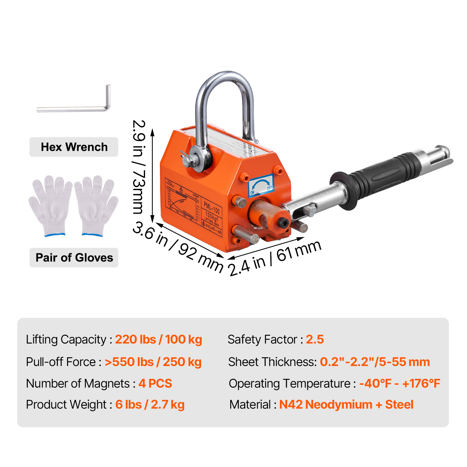 KFFKFF Magnet Lifter, 220 lbs/100 kg Load Limit, 2.5 Security Ratio, Neodymium & Steel, Release-Enabled Lifting Magnet, Constant Lift Magnets, Robust Magnet for Hoist, Workshop Crane, Block, Board