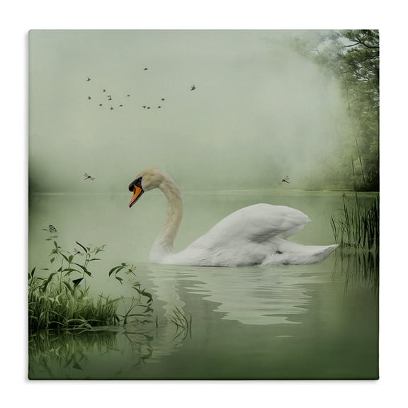 Stupell Industries Swan's Sanctuary Misty Lake Landscape & Nature Painting Wrapped Canvas Art Print Wall Art, 17 x 17