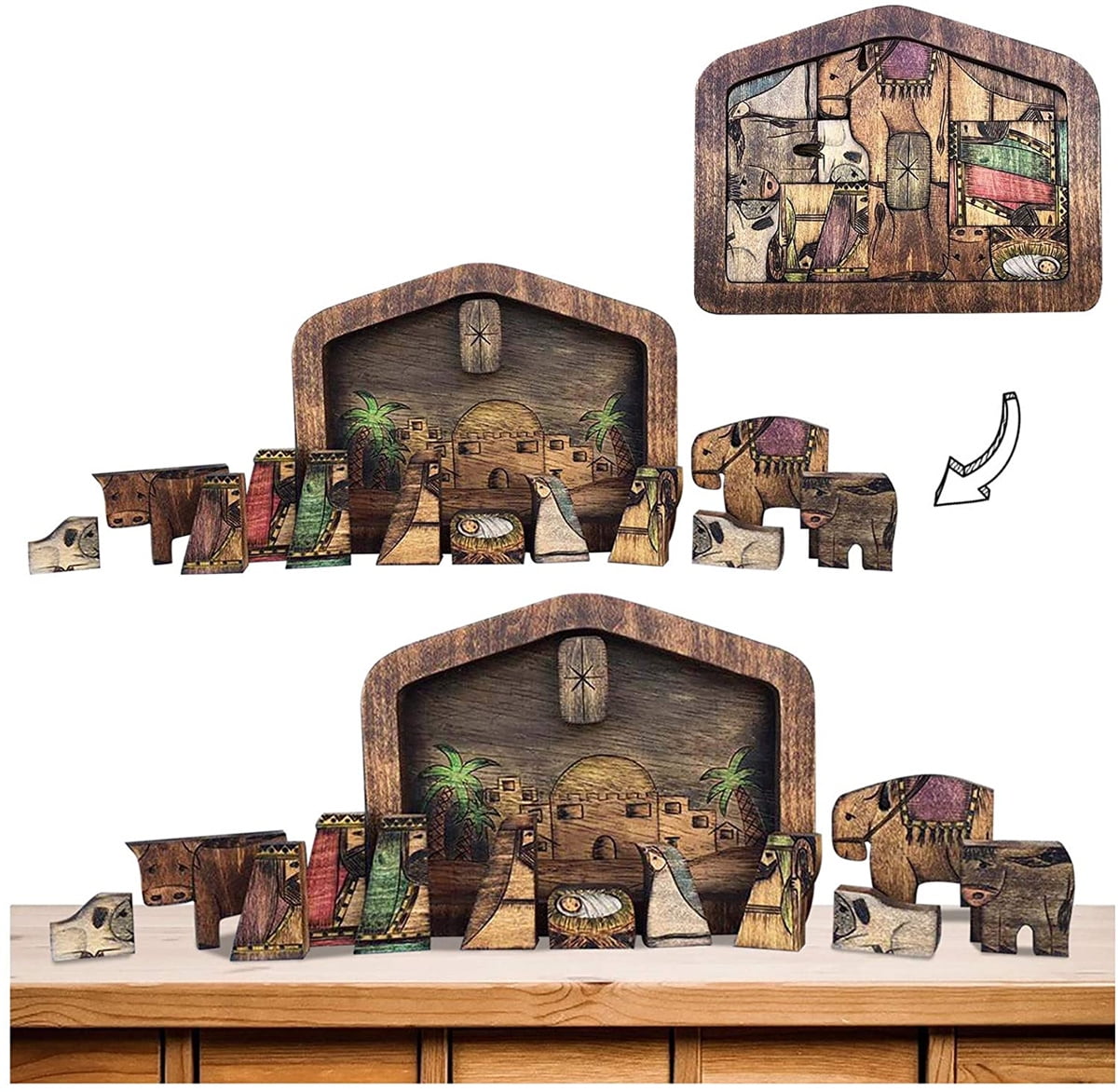 Nativity Puzzle with Wood Burned Design Wooden Jesus Puzzle Painting Art Toy Set 