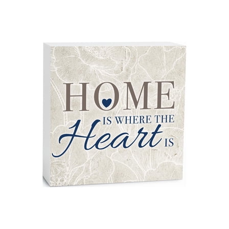 Home Where Heart Is Ecru Floral Sketch 5 x 5 Wood Tabletop Sign Plaque