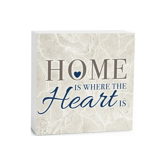 Home Where Heart Is Ecru Floral Sketch 5 x 5 Wood Tabletop Sign Plaque