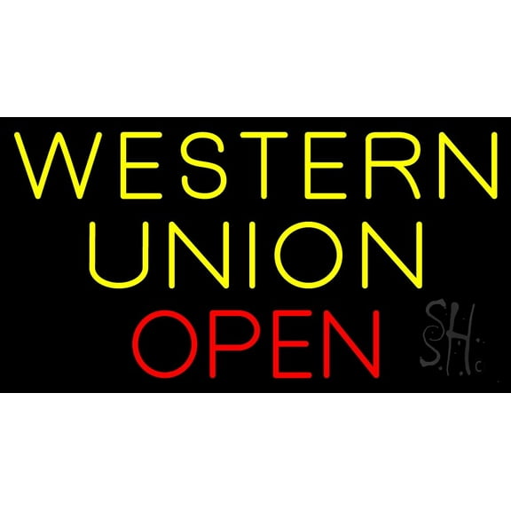 Western Union Open LED Neon Sign 20 x 37 - inches, Black Square Cut Acrylic Backing, with Dimmer - Bright and Premium built indoor LED Neon Sign for Defence Force.