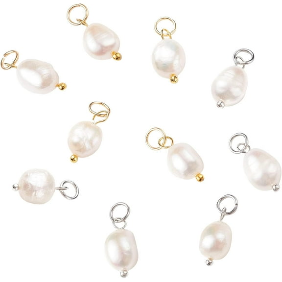 PH 10pcs Pearl Pendant Charms Freshwater Pearls Dangles White Natural Pearl Beads Irregular Pear Charms with 3mm Metal Hoop for DIY Earrings Bracelets Necklaces Jewelry Crafts Making for DIY