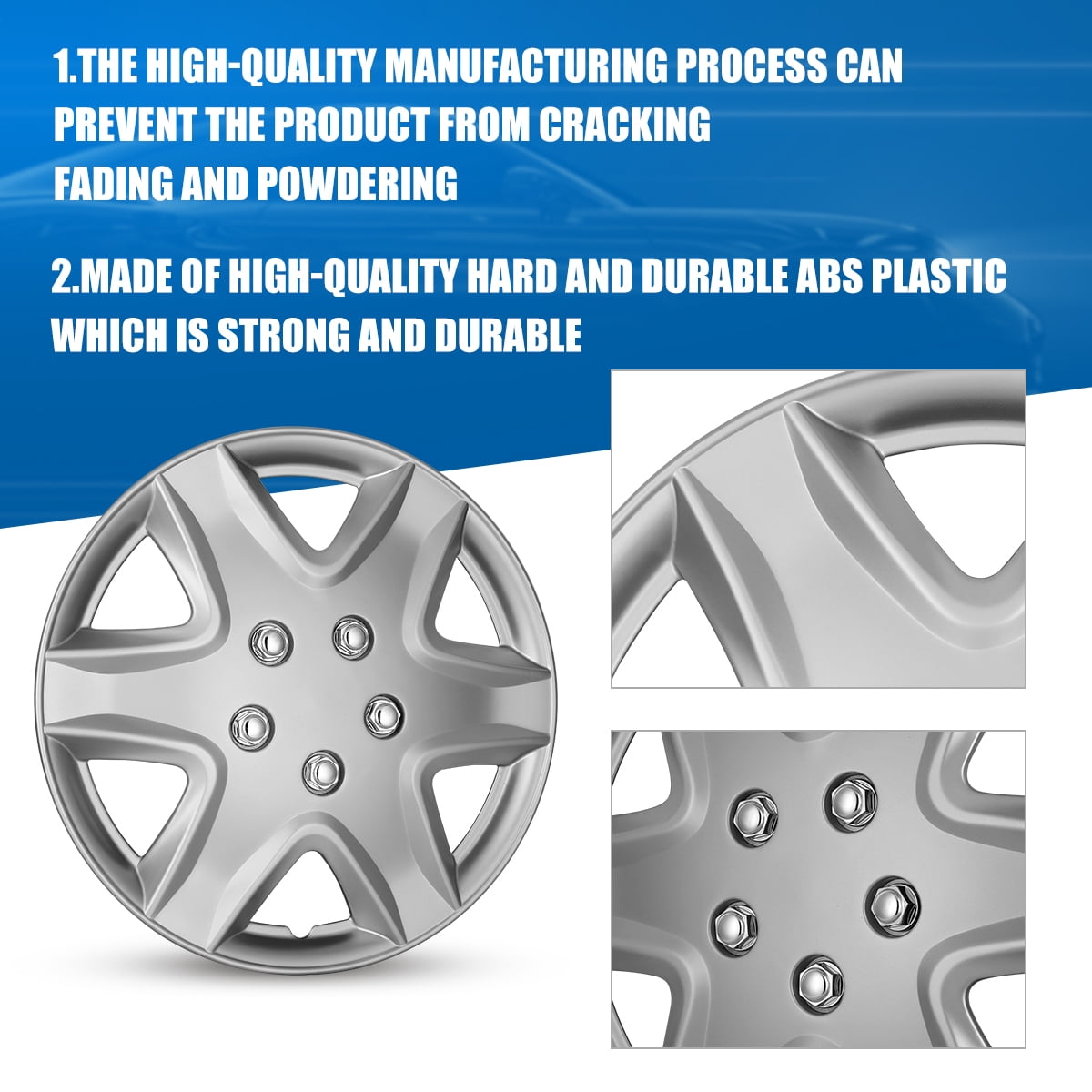 Set of 4 Hubcap Wheel Cover Replacement 15" Hub Caps Universal Wheel Rim Cover ABS Material Exterior Accessories Snap On Car Truck SUV -15-Inch, Silver