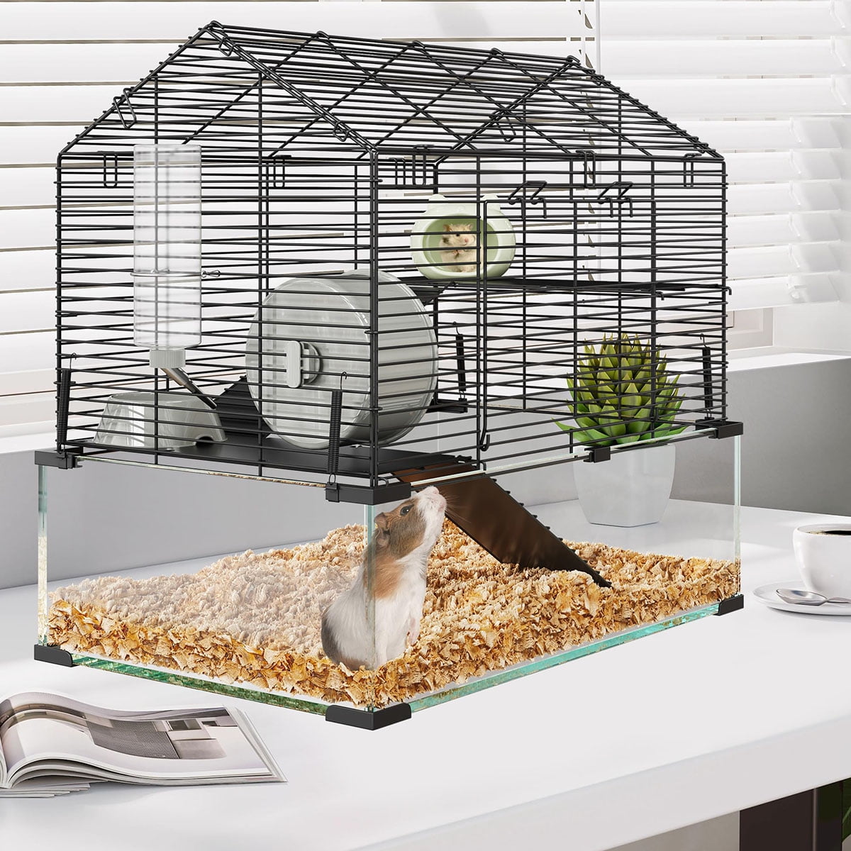 Danolapsi Metal Hamster Cage, Transparent Hamster Habitats and 4PCS Cage Accessories, Small Animal Cage,Pet Mouse Cages with Water Bottle for Rats, Hamsters & Hedgehogs, Guinea Pigs, 22.8 x 15 x 21.3
