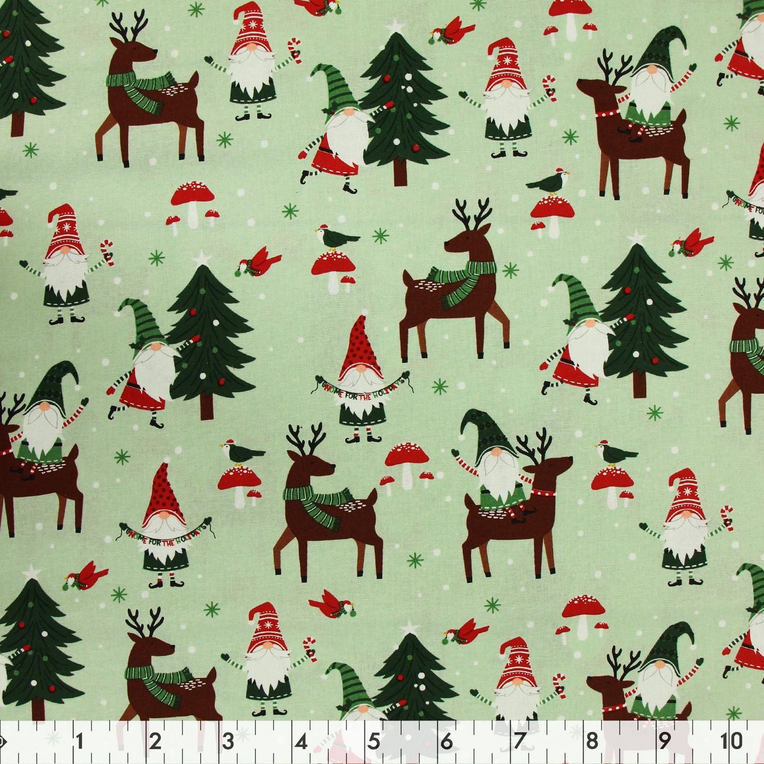Tissu au mètre en coton Fabric Creations: GNOME POUR NOËL VERT CLAIR