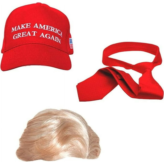 Trump 2024 Costume & Wig Donald Trump Costume Set Includes a Blonde Wig Cap, Red Tie, MAGA Hat