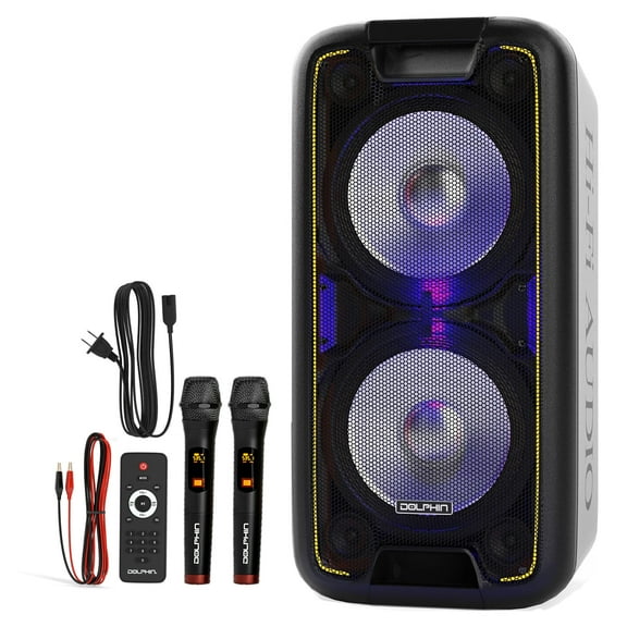 Dolphin SP-210RBT Dual 10” Bluetooth Party Speaker with WaveSync Technology (TWS), Multicolor LED Lights, Microphone & Guitar Inputs, 200W RMS Power, Rechargeable Battery