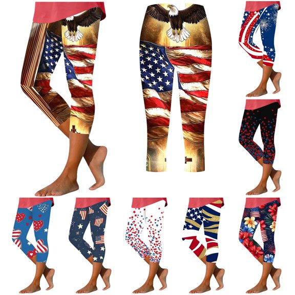 lcziwo Womens High Waisted Yoga Leggings Independence Day Patriotic Flag Printed Capri Pants 4th of July Outfits Navy XL