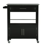 Linon Cameron Wood Granite Top Rolling Kitchen Cart Ample Storage in Black
