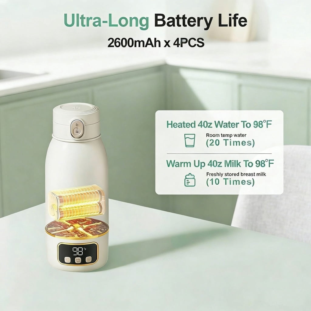 EDENPEER Portable Bottle Warmer for Travel ,Large 17.6oz Precise Temp Control for Breastmilk & Formula, Long Battery Life, USB Rechargeable Fast Heating Leak-Proof
