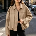 thumbnail image 3 of Textilo Faux Leather Bomber Jacket for Women Long Sleeves Full Zip Up Jacket with Pockets Lapel Collar Pilot Motorcycle Coat Trendy Casual Fashion Spring Fall Outerwear,Khaki 2XL, 3 of 4
