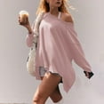 thumbnail image 2 of ManxiVoo Off Shoulder Sweatshirt for Women Solid Color Loose Fit Soft Casual Fall Top Irregular Hem L Size Pink, 2 of 4