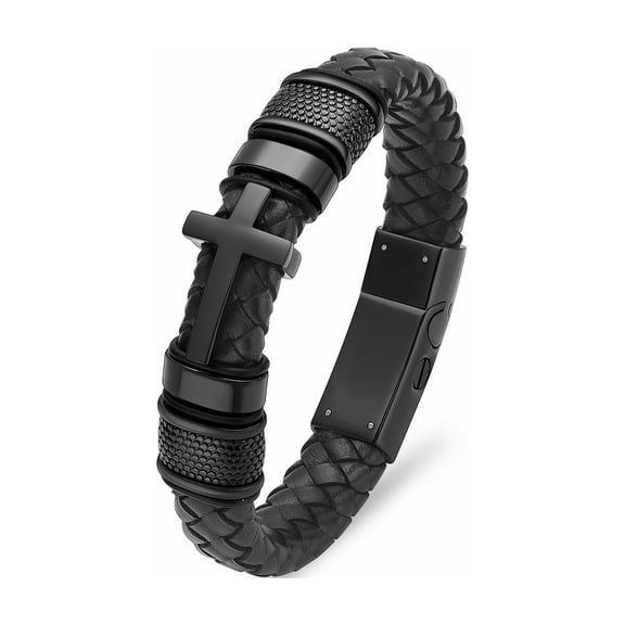 Mens Double-Band Black Braided Leather Bangle Bracelets Cremation Jewelry for Ashes Wristband Memorial Urn Bangle with Cross Charm