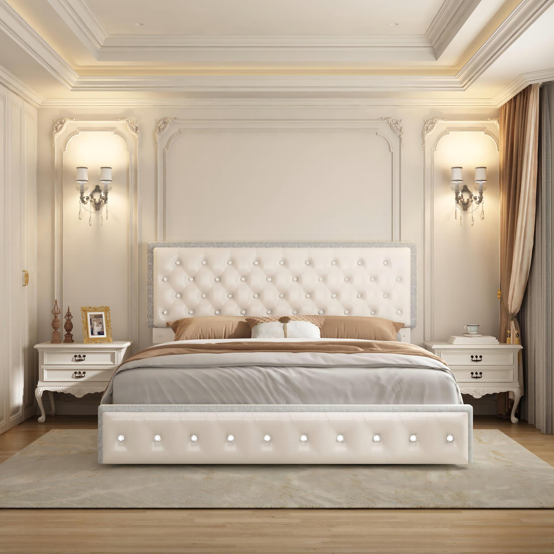 SIBEDS Full Upholstered LED Bed Frame with 2 Storage Drawers, PU Leather White Diamond Tufted Headboard, RGB Lights, Noise Free, No Box Spring Needed