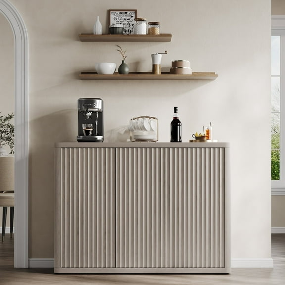 SICOTAS 46.7" Fluted Sideboard Cabinet with 3 Doors, Kitchen Buffet Storage Cabinet with Adjustable Shelves, Modern Credenza Coffee Bar Station for Ding Room, Living Room, Light Grey Alder