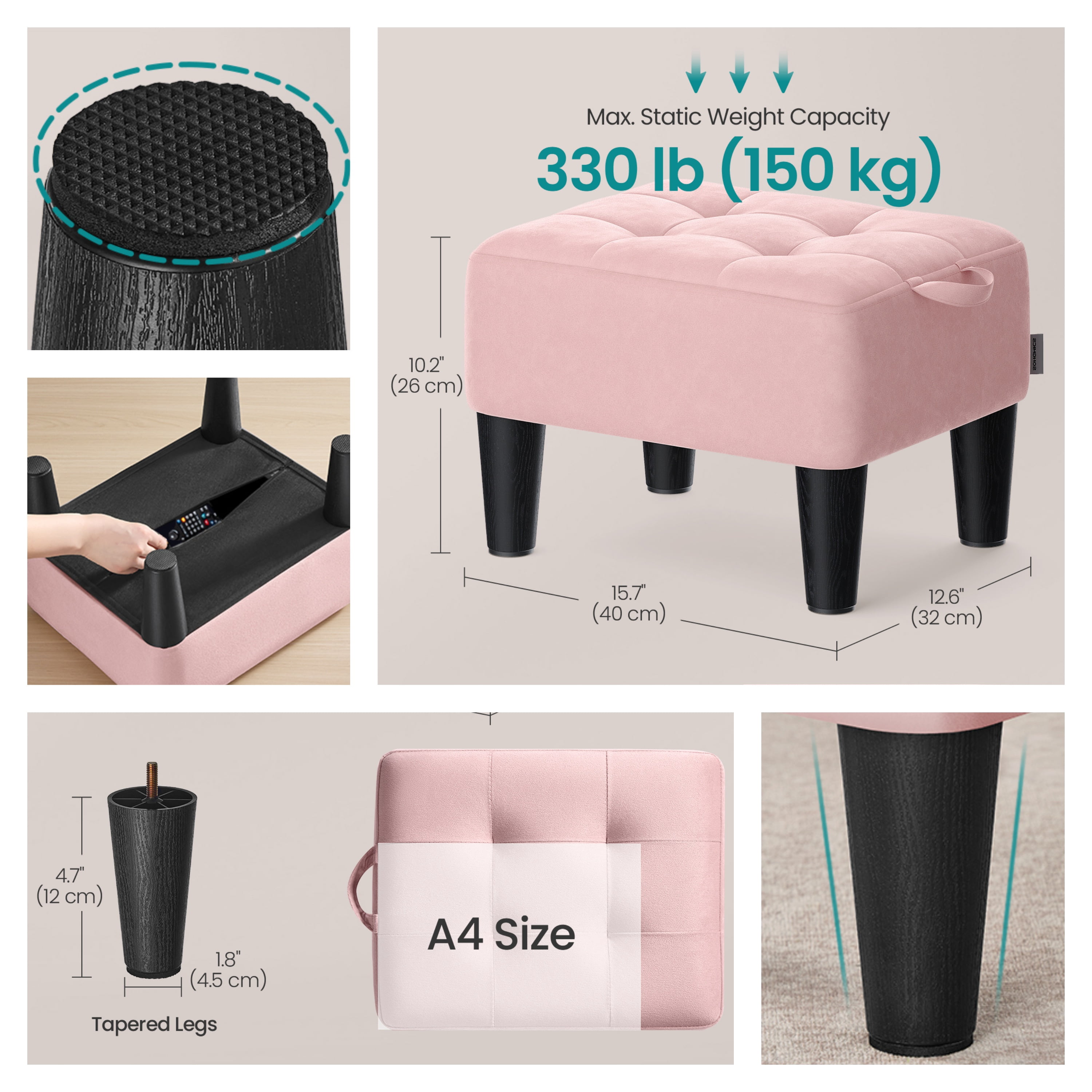 LEDREM Small Ottoman Foot Stool with Thick Cushion, Footrest with Sturdy Angled Legs for Living Room, Bedroom, Entryway, Jelly Pink