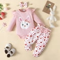 thumbnail image 3 of Hotiary Newborn Baby Girl 3Pcs Outfit Infant Ruffle Long Sleeve Rabbit Print Romper Bodysuit + Bow Pant + Headband Set Toddler Spring Fall Cute Clothes for 0-18M Pink, 3 of 8