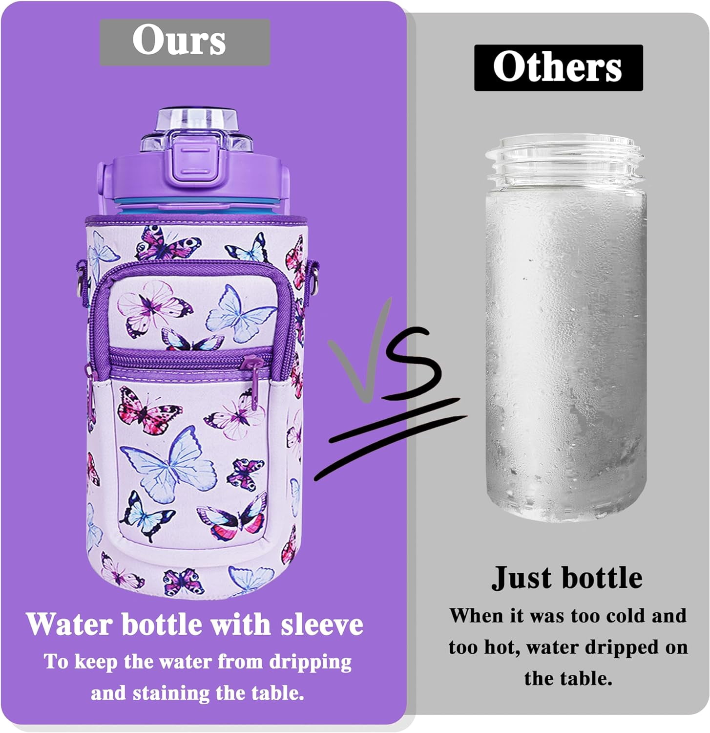 64 oz Water Bottle with Straw Sleeve & Strap Motivational BPA Free Half Gallon Water Jug with Handle for Gym Women Men Aesthetic Water Bottle with Strap Butterfly