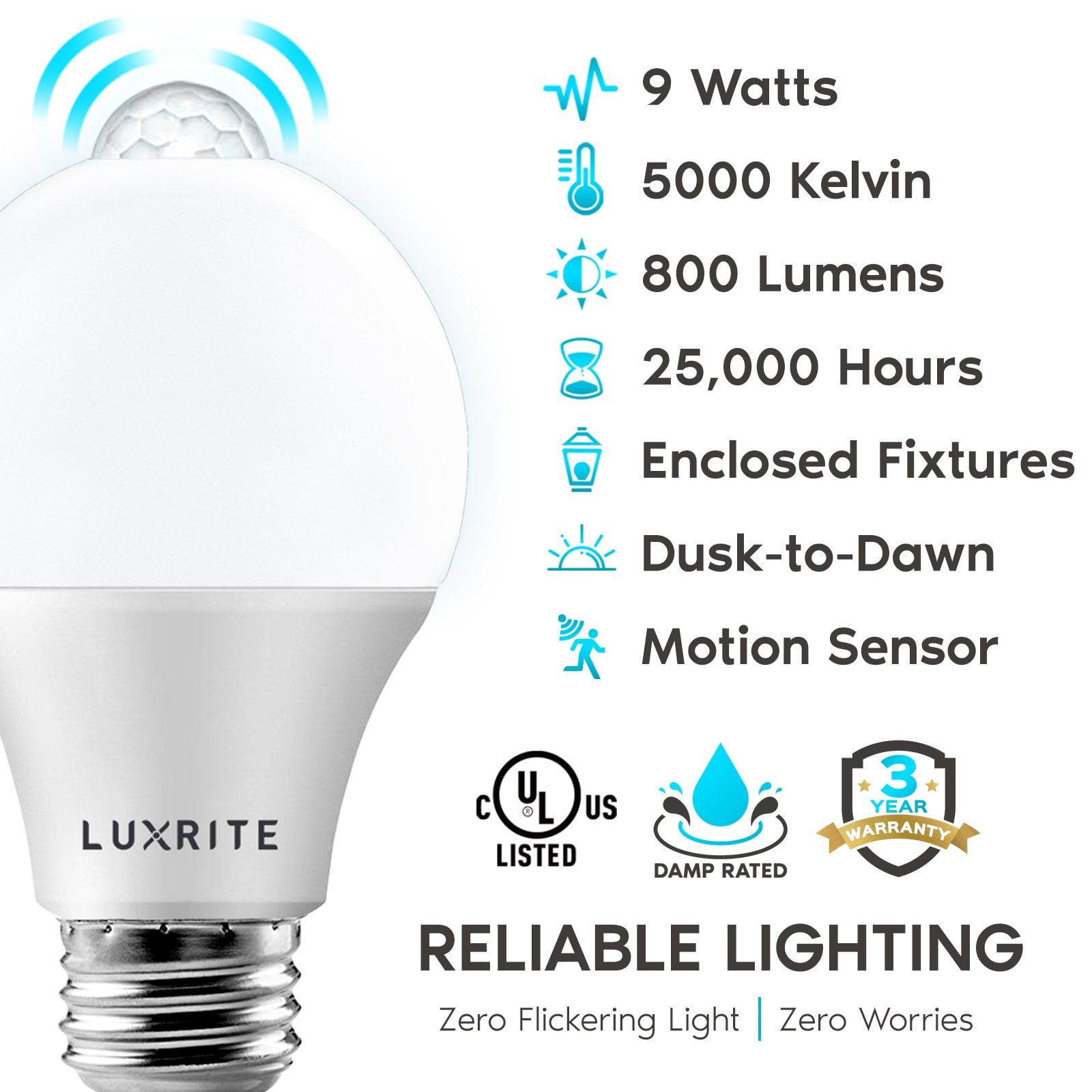 Luxrite A19 LED Dusk to Dawn Motion Sensor Security Light Bulb 5000K Bright White 800 Lumens UL Listed E26 6-Pack