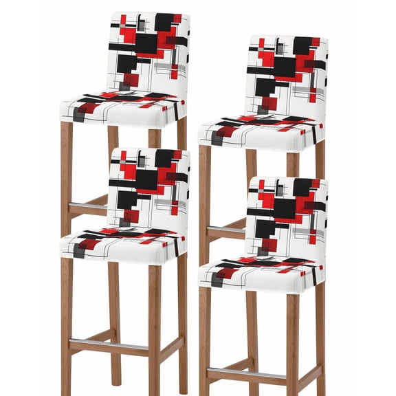 Red Grey Black Bar Stool Covers Set of 4, Irregular Modern Geometric Abstract Stretch Washable Bar Chair Covers with Backs, Removable Pub Counter Height Chair Cover for Kitchen Dining Room Cafe