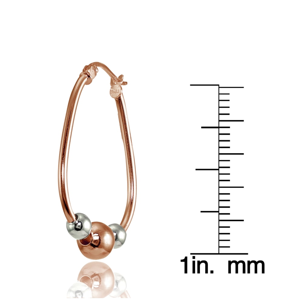 30mm Sterling Silver Two-Tone Rose Polished Beaded Hoop Earrings