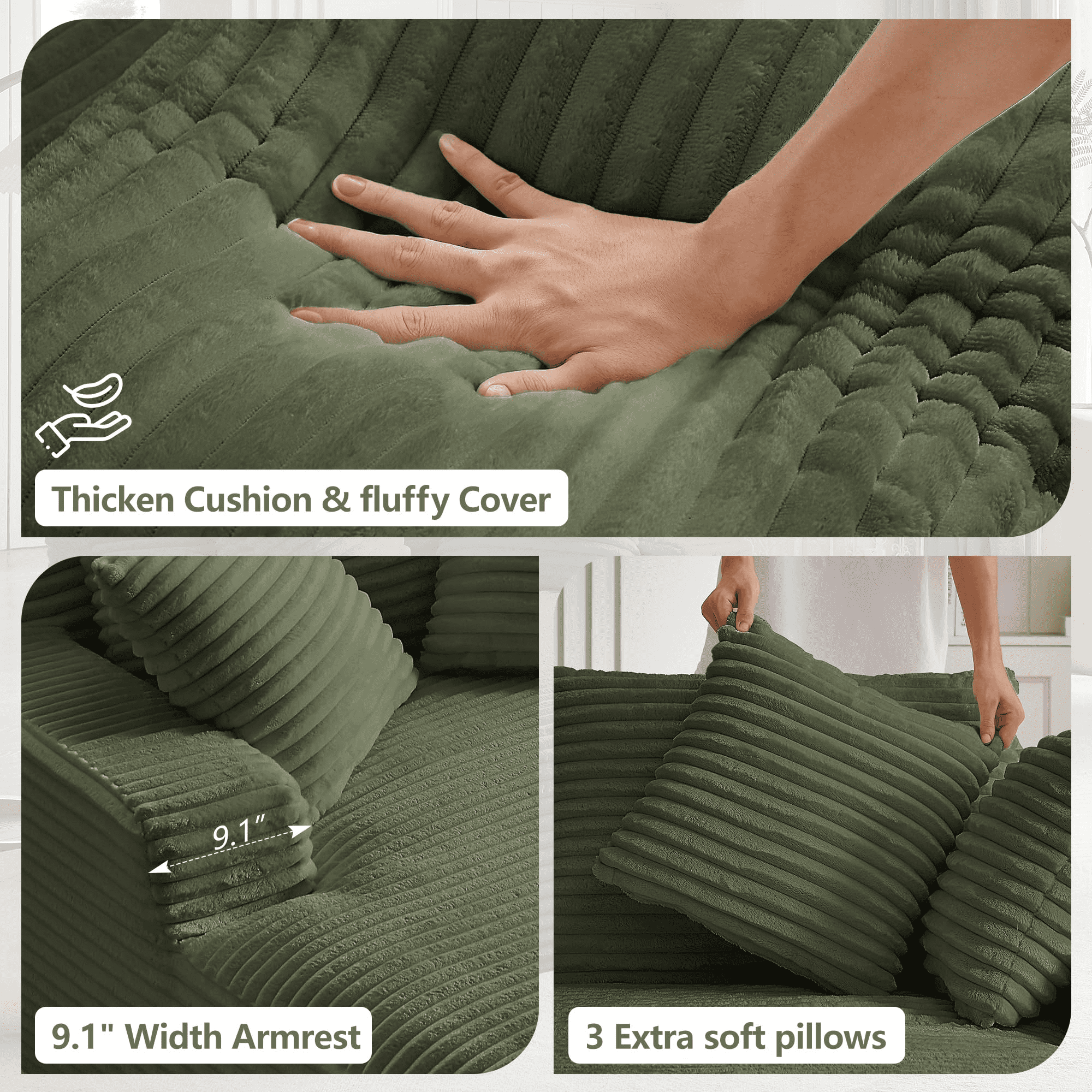 GNIXUU 50" Oversized Chaise Lounge Sofa Chair Indoor, Modern Corduroy Sleeper Sofa Cloud Couch with 3 Soft Pillows, Comfy Single Seat Floor Sofa for Living Room, Apartment, Office (Green)