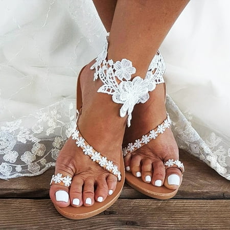 

Yenergle Women Sandals Ladies Flats Sandals Lace Flowers Sandals For Wedding Party Women Summer Shoes Roman Sandals