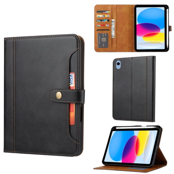 Decase Faux Leather Case for iPad A16 11th Gen 11" 2025 & iPad 10th Gen 10.9" 2022,Shockproof Wallet Cover with Pencil Holder & Flip Stand,Auto Sleep Wake,Front Document Pocket,Black